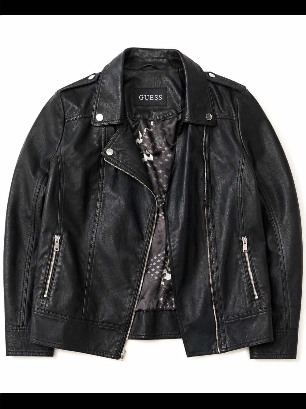 GUESS Womens Black Biker Moto Jacket Zip Front Collared Long Sleeve Size L
